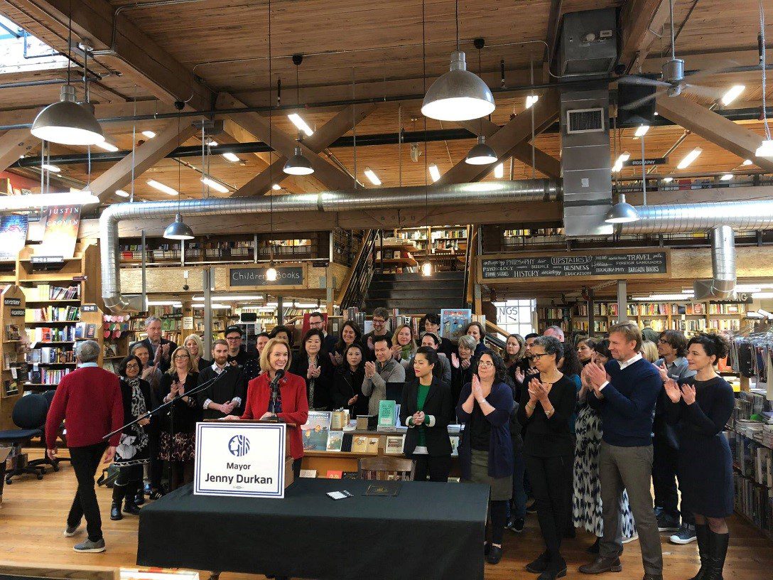 Mayor Durkan joined by members of the small business community at Elliot Bay Book Company.
