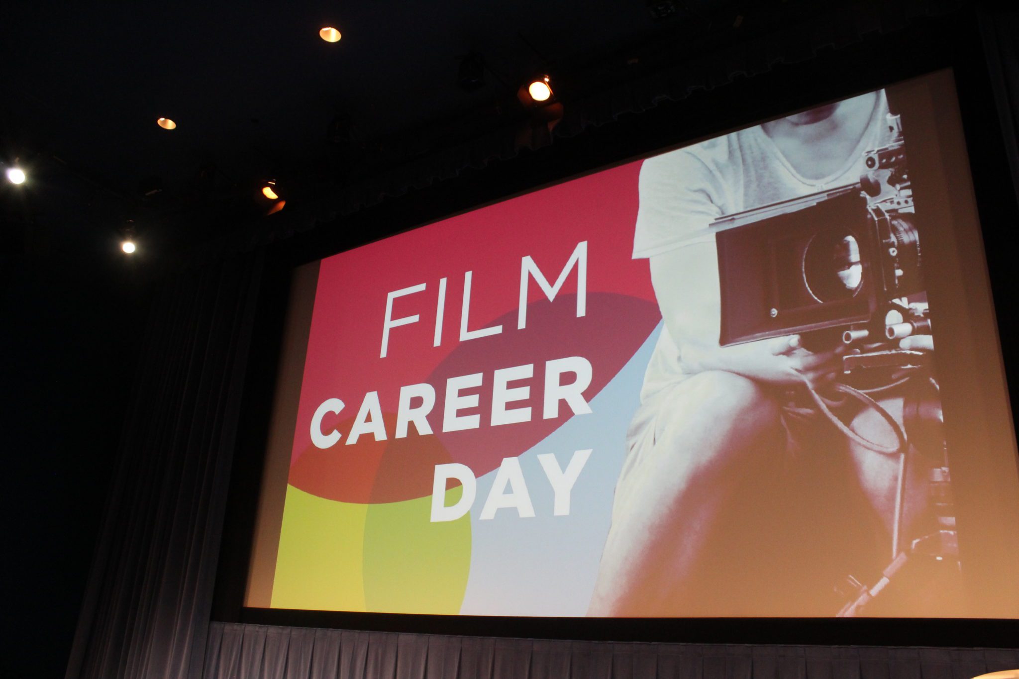 Film Career Day banner projected at a screen in McCaw Hall.