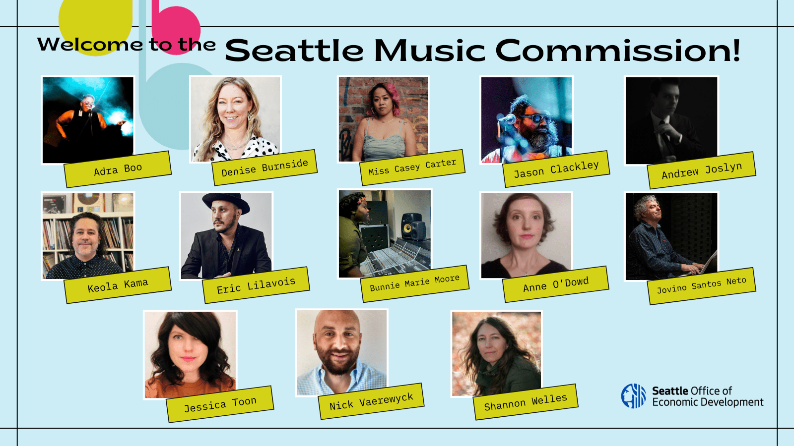 Blue graphic with music symbols in colors green, pink and blue as well as photos and names of new Seattle Music Commissioners. Text says: Welcome to the Seattle Music Commission!