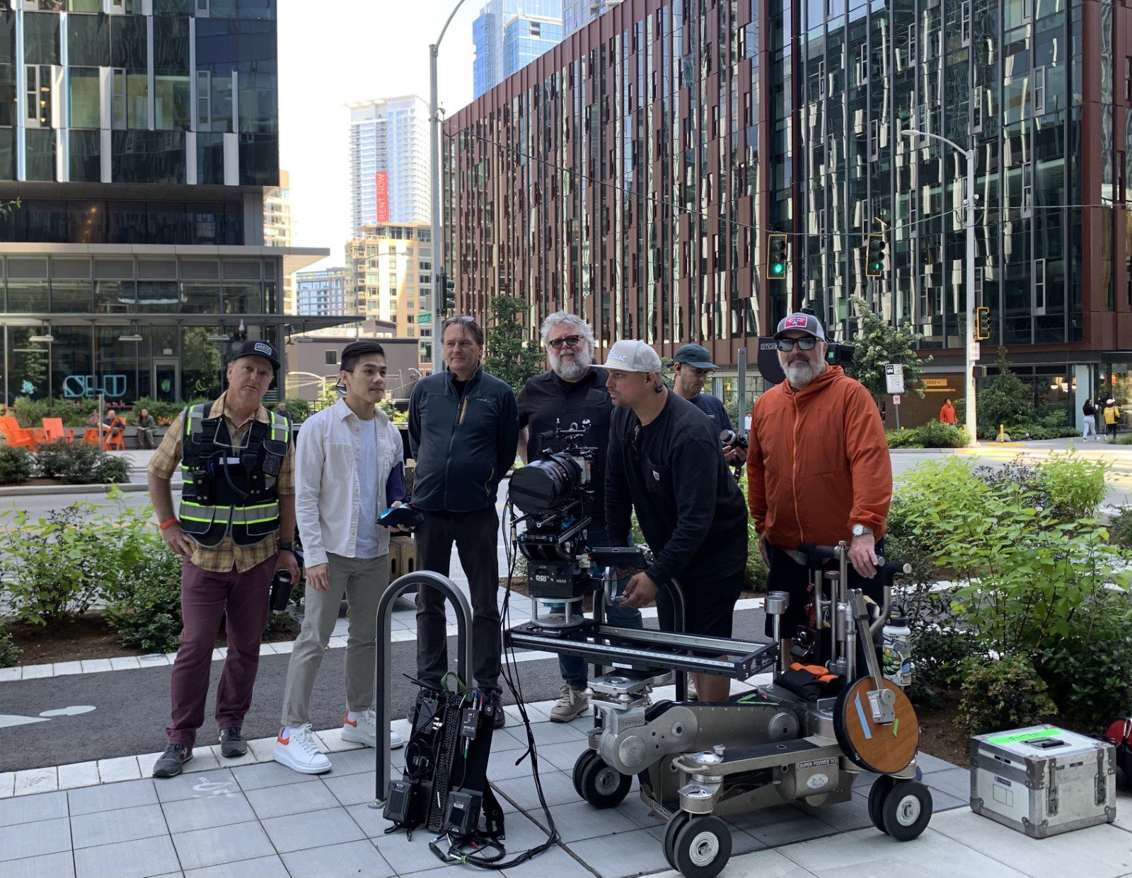 OED Film Program Manager Chris Swenson with the Infinity film crew in South Lake Union.