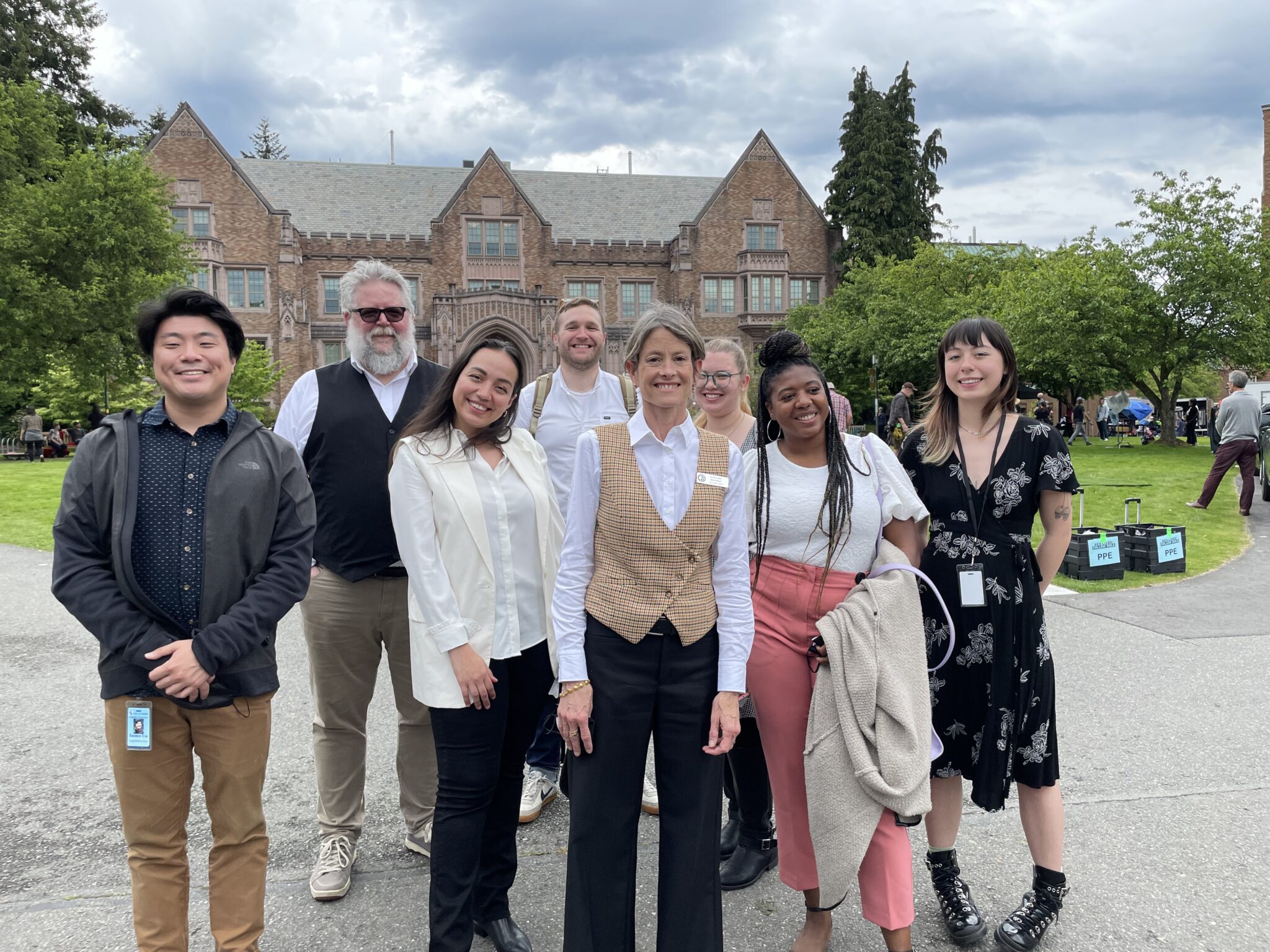 Councilmember Sara Nelson and OED staff visit the set of Sex Lives of College Girls at the University of Washington campus in June 2022.
