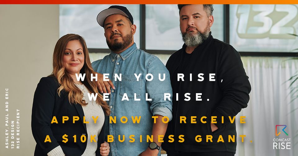 Photo of two men and one woman smiling softly. The individuals pose in a way that implies strength and leadership. On top of the photo, text reads: 'When you rise, we all rise. Apple now to receive a $10k business grant.'