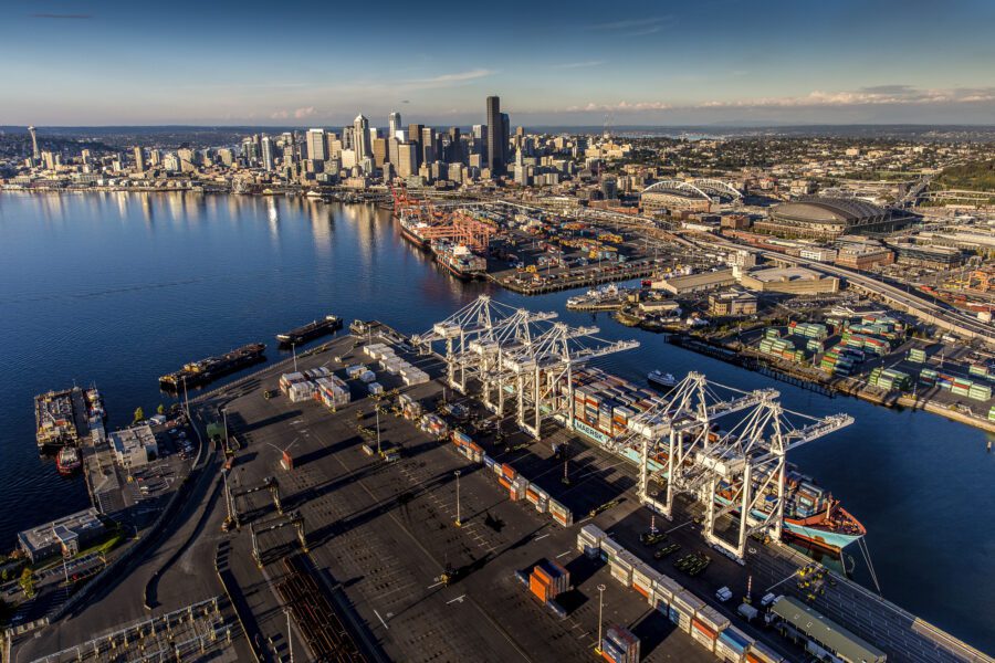 Arial view of the Port of Seattle .